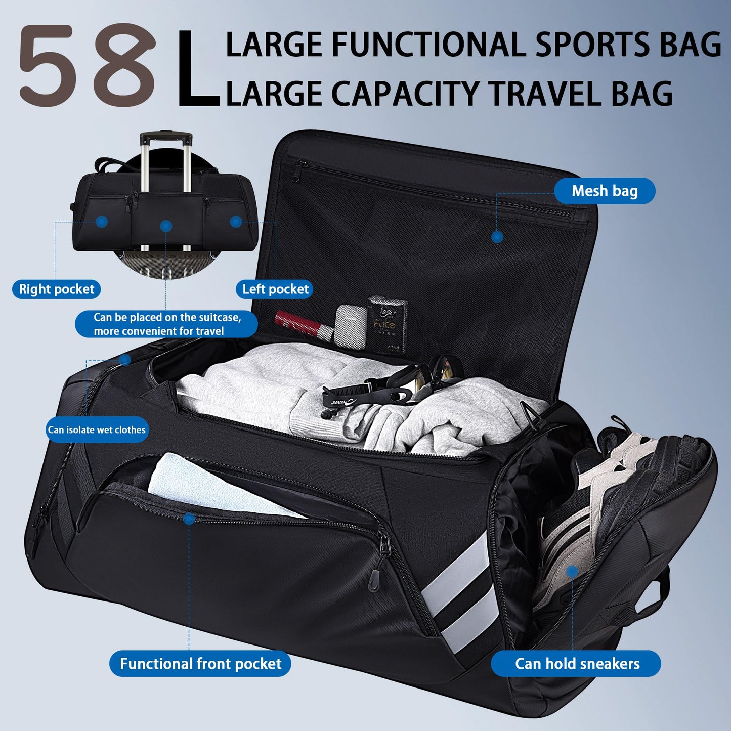 WOLFILIST Gym Bags for Men/Women, 58L Large Sports Travel Duffel Bag with Shoes Compartment & Wet Pocket, Gym Workout Backpack, Weekender Bag Overnight Backpack for Travel (58, Liters)