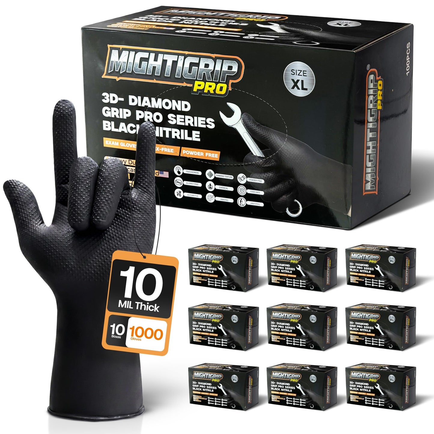 HEAVY DUTY 10 Mil Black 3D Diamond Texture Nitrile Disposable Gloves, 1000 Count Bulk, Food Safe Mechanic Gloves with Raised Diamond Grip, Latex Free, Powder Free, Mechanic Grade, Industrial Strength