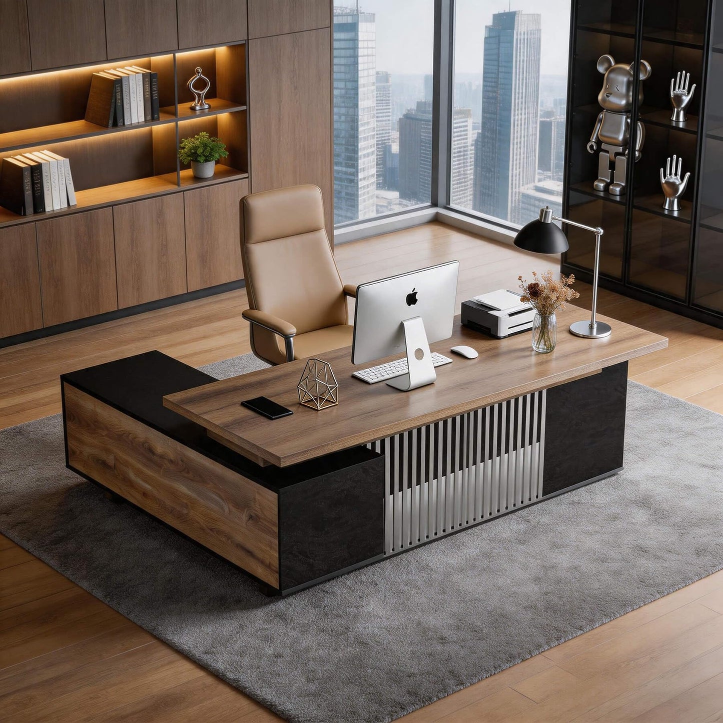 78.7 Inch Large Executive Desk with Drawers Cabinet, L Shaped Office Desk, Computer Desk with Universal Charging Ports and Cable Management for Business Furniture Set Workstation for Home Office