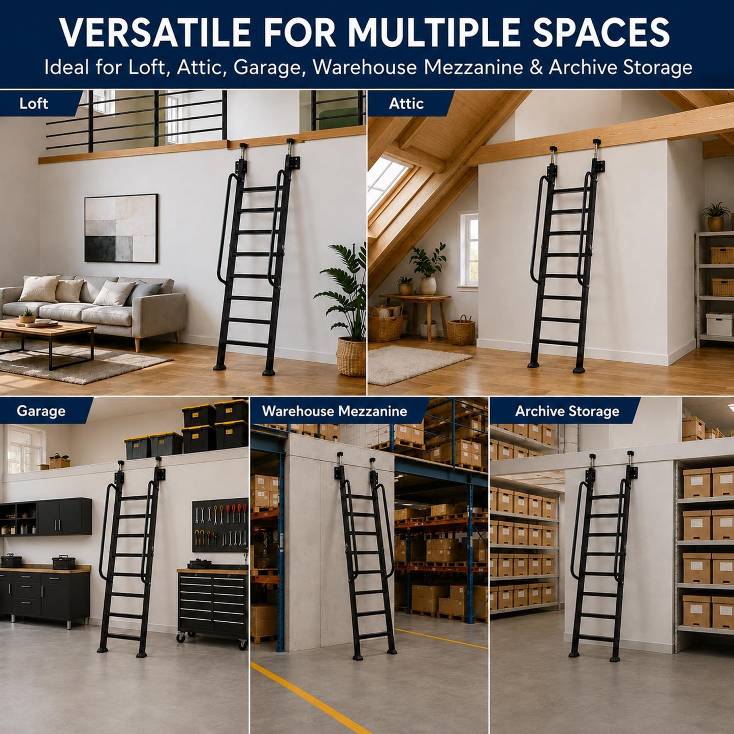 8.2FT Industrial Style Loft Ladder, with Double Handrails, 8 Steps Library Ladder, 1100LBS Capacity, Carbon Steel Attic Loft Stairs, Wall Mounted Loft Ladder for Home Library Warehouse