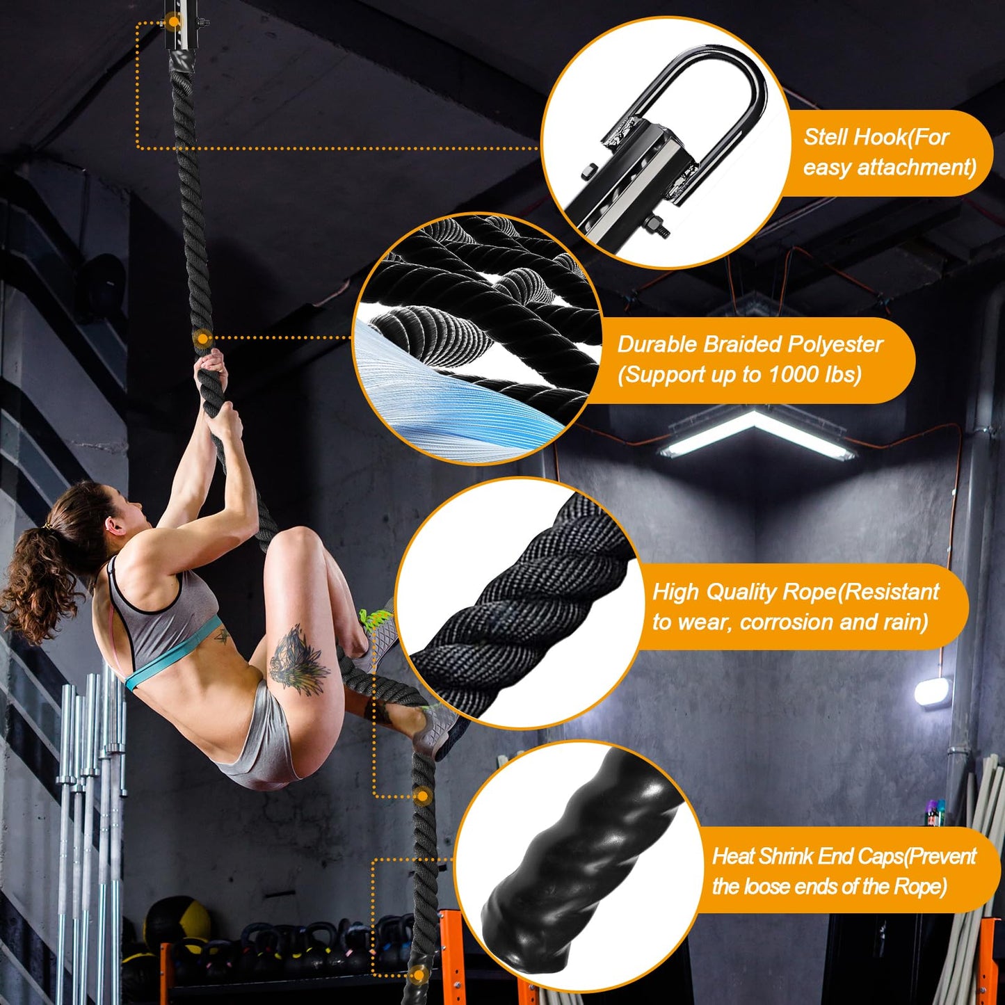 Climbing Rope Climbing Rope 1.5 Inch Diameter 15Feet Length Gym Climbing Rope for Workout Fitness & Strength Training, Gym Rope, Exercise Climbing Rope in Black for Adults or Kids Outdoor & Indoor