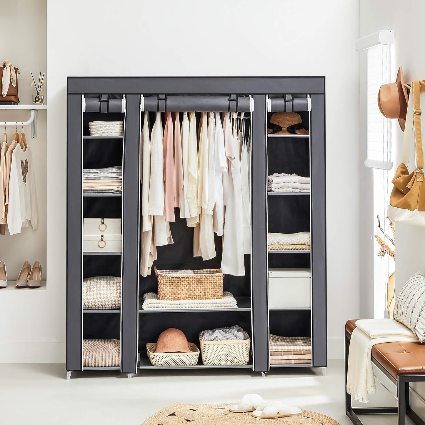 SONGMICS Portable Closet Wardrobe - Non-Woven Fabric Cover Clothes Organizer, 59 x 17.7 x 69 Inches, Gray