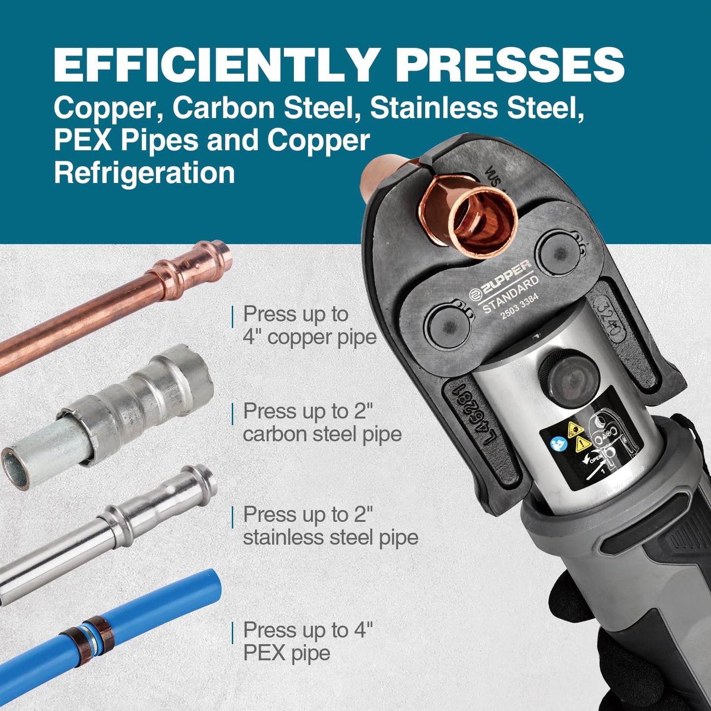 ZUPPER Press Tool, 18V Electric Pipe Crimping Tool for 1/2" to 2" Copper Pipes, Standard Press Tool Kit Suitable for Copper ProPress fittings - with 6 VUS Press Jaws, 2pcs 4AH Battery