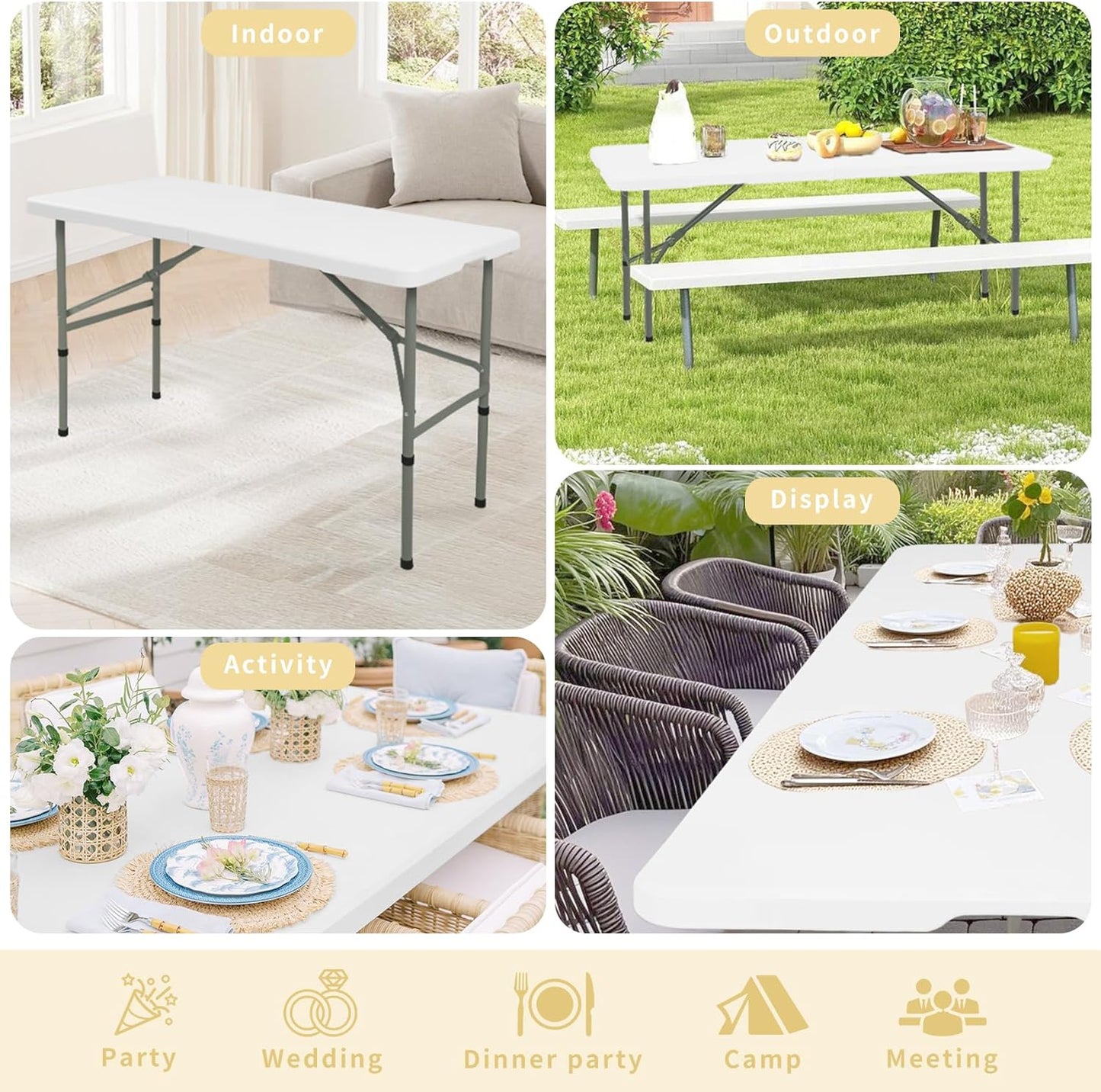Regine Switzerland Folding Camping Table Set of 2 - 4FT Heavy-Duty Plastic with Steel Legs | Portable & Versatile for Indoor/Outdoor Events (White)