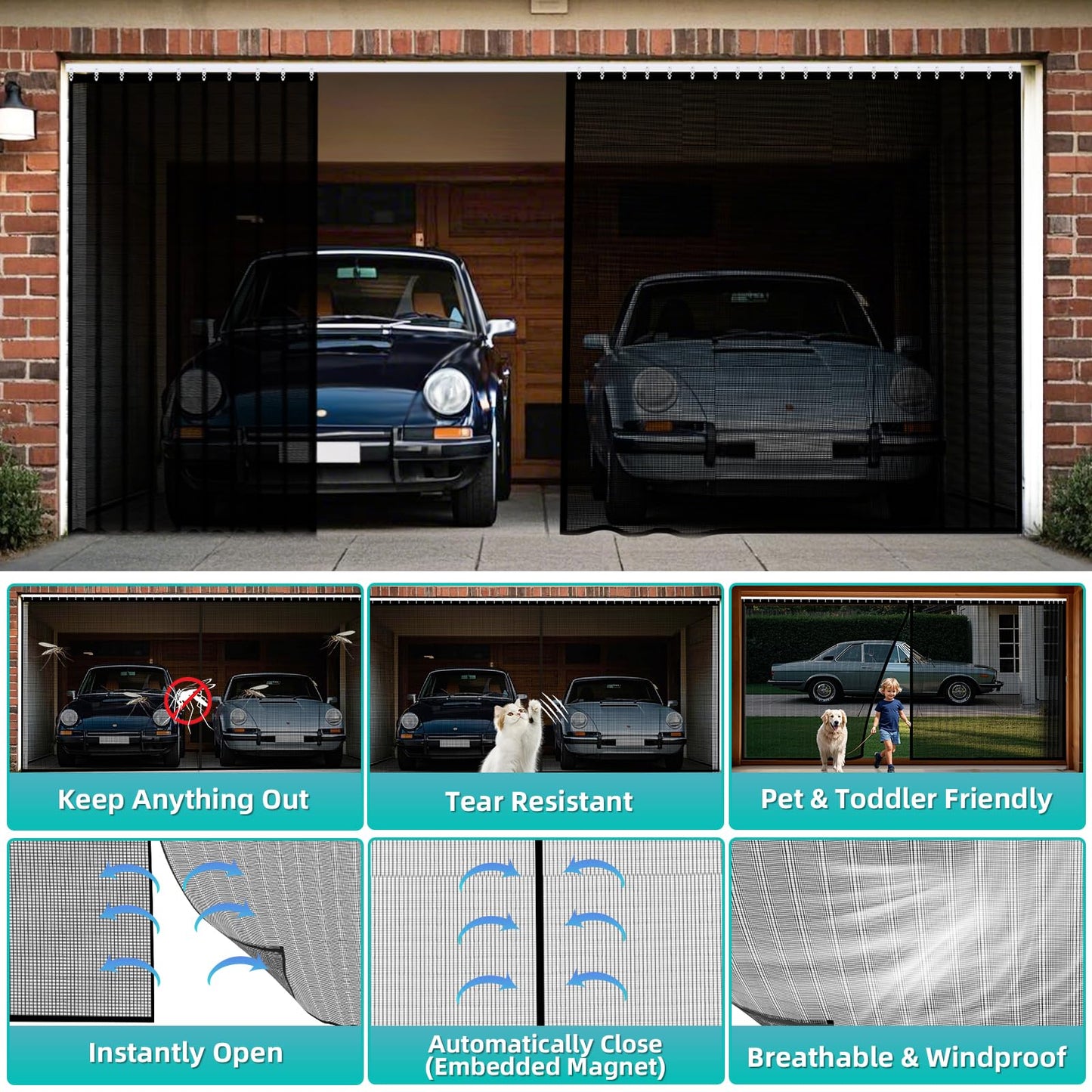Sliding Garage Door Screen 2 Car 16x7Ft, Retractable Garage Screen Door with Track Closure, Heavy Duty Fiberglass Mesh Garage Net Screen, Keep Bugs & Animals Out, Easy Assembly Privacy Protection