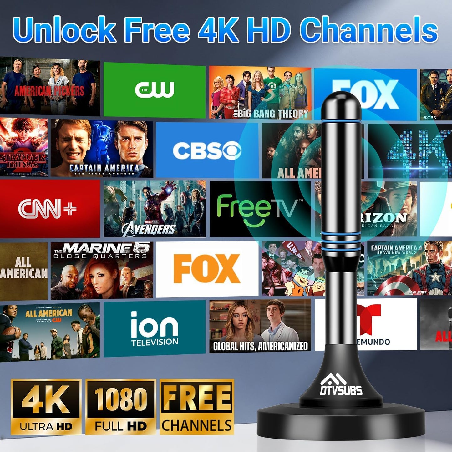 DTVSUBS 2026 360 4K 1080P Digital TV Antenna for Smart TV Indoor, Long Range Reception for Local Channels, HDTV Antenna