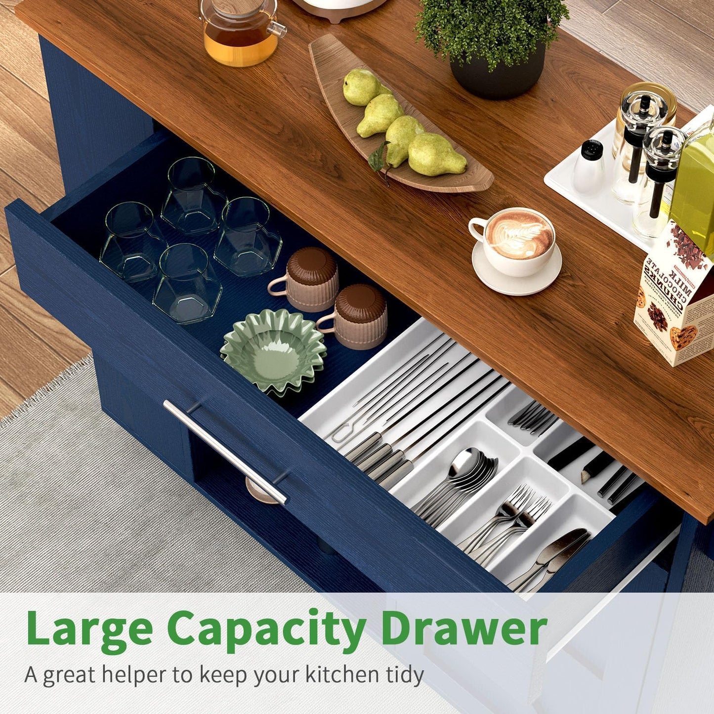 4 EVER WINNER Navy Blue Rolling Kitchen Island with Storage for Small Kitchen, 39" Farmhouse Kitchen Island Cart on Wheels with Drawer, 3-Tier Spice Rack, Open Shelves & Towel Rack for Apartment