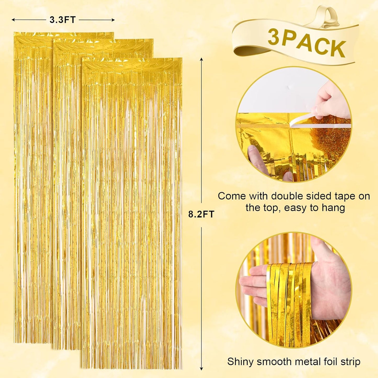 Voircoloria Laser Gold Foil Fringe Backdrop Curtains - 3 Pack Tinsel Streamers for Parties & Events | 3.3 x 8.2 ft