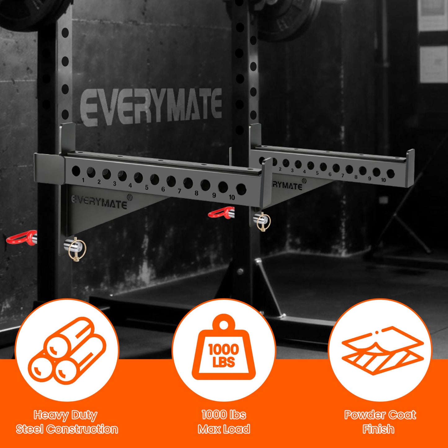 EVERYMATE Safety Spotter Arms, Fits 3"x3" Power Racks with 1" Holes, Heavy Duty 1000LBS Capacity Squat Rack Safety Bars with UHMWPads for Home/Garage Gym Strength Training, Weight is 37LB