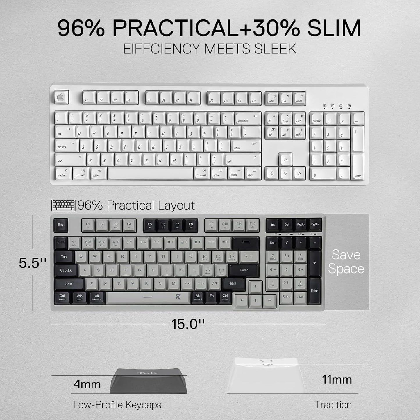 Redragon BK7114 98 2.4G Low-Profile Wireless Computer Keyboard, Keys Slim Office PC Scissors Mechanism Keyboard w/ BT
