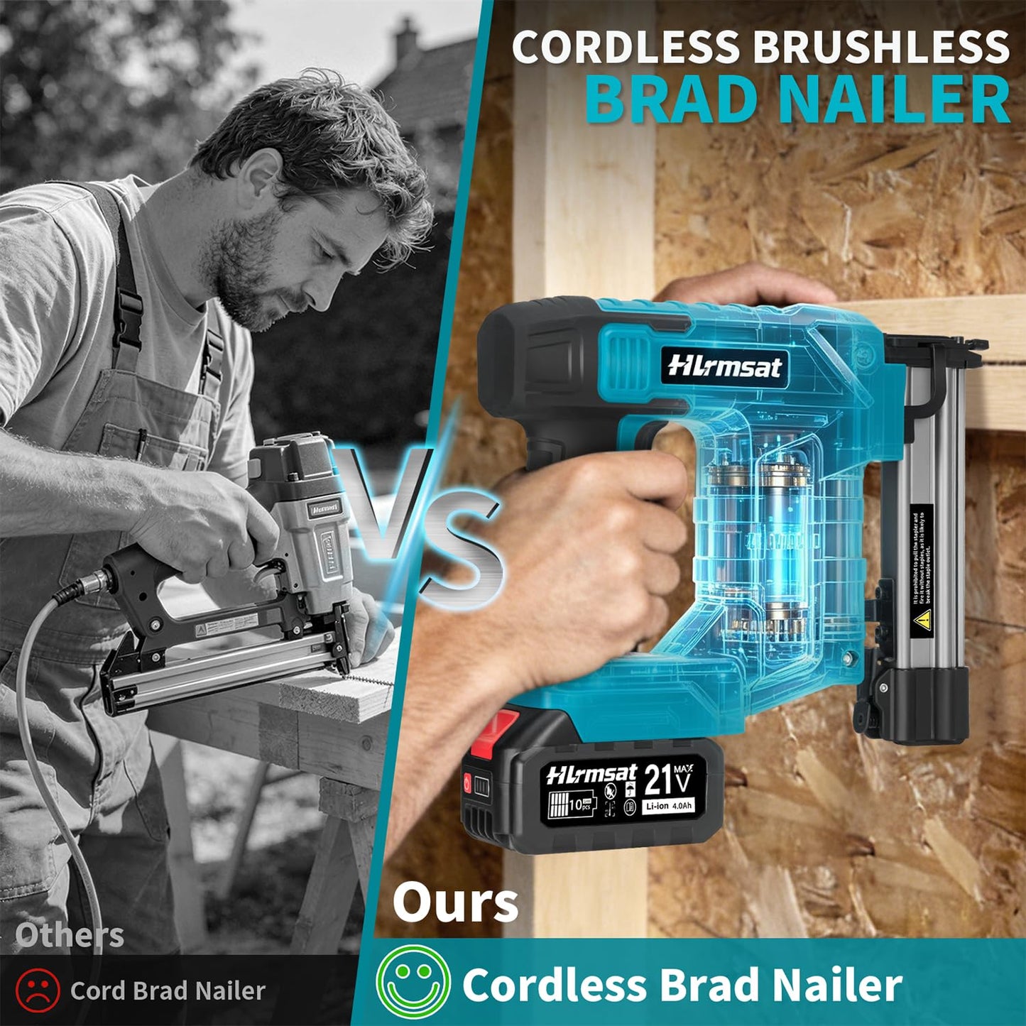 Hlrmsat 18 Gauge Brad Nailer Cordless,2-In-1 Brushless Nail Gun And Staple Gun with 2×4.0Ah Battery,Electric Pistola De Clavos De Bateria with 1200Pcs Nails for Woodworking,Home Improvement DIY