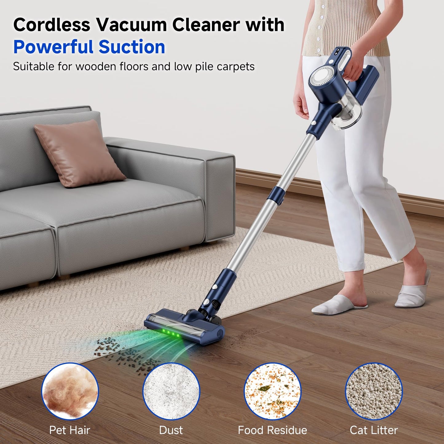 Cordless Vacuum Cleaner: 30KPA Powerful Suction Stick Vacuum, Anti-Tangle Brush for Pet Hair, Portable 6-in-1 Rechargeable Vacuum, Green LED Light, Ideal for Low-Pile Carpet & Hard Floors-Dark Blue