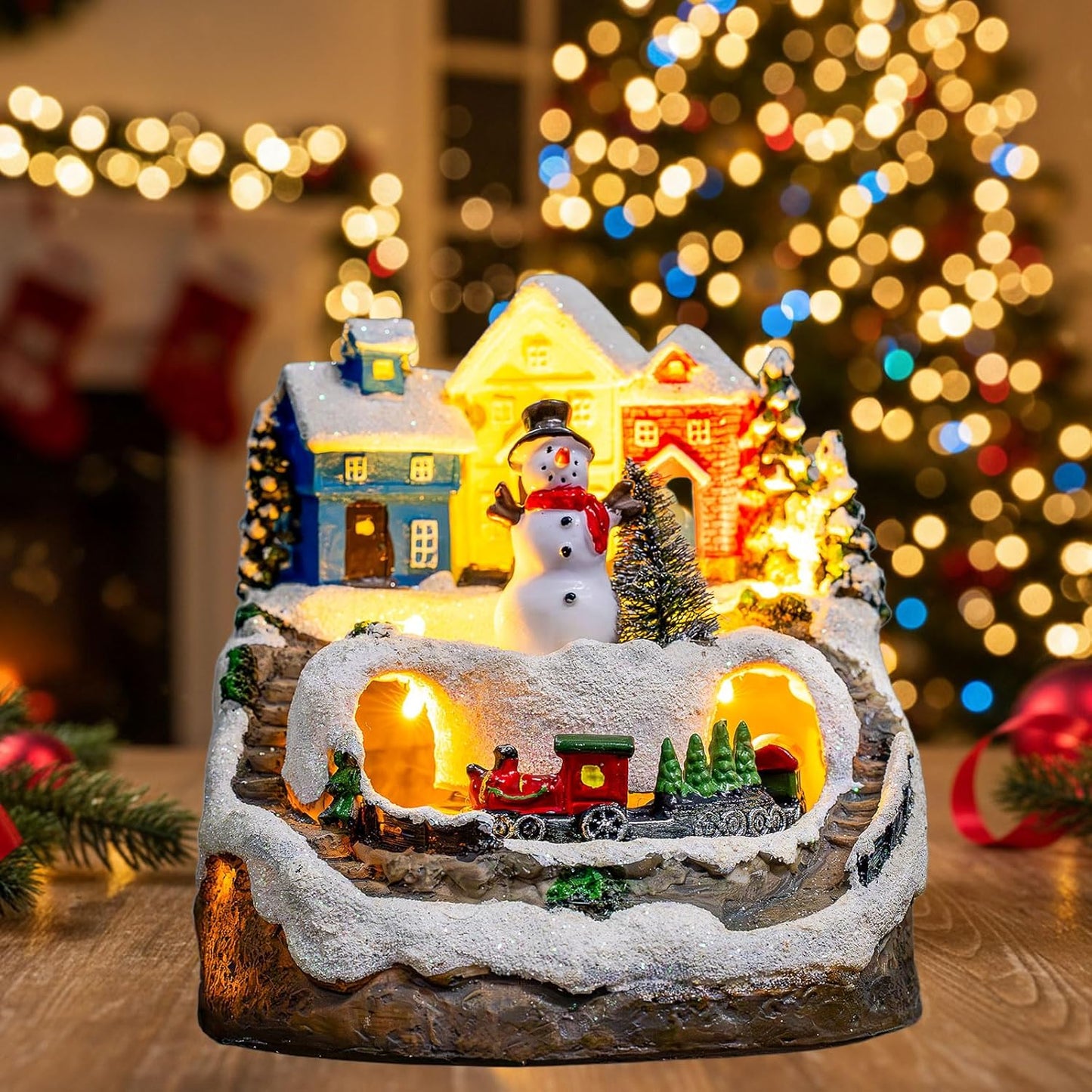 ZQQLITE Animated Musical Christmas Snowman Village - Lighted Figurines with Rotating Train for Festive Home Decor