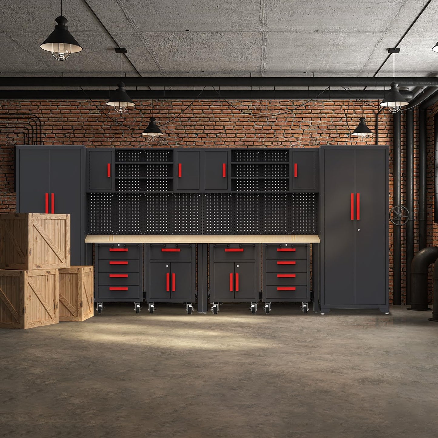 HPDMC Garage Storage Cabinet System - 2 * 6-Pcs Workshop Set with Steel Cabinet Drawers, Rolling Chest, Workbench, Pegboard for Tool Organization