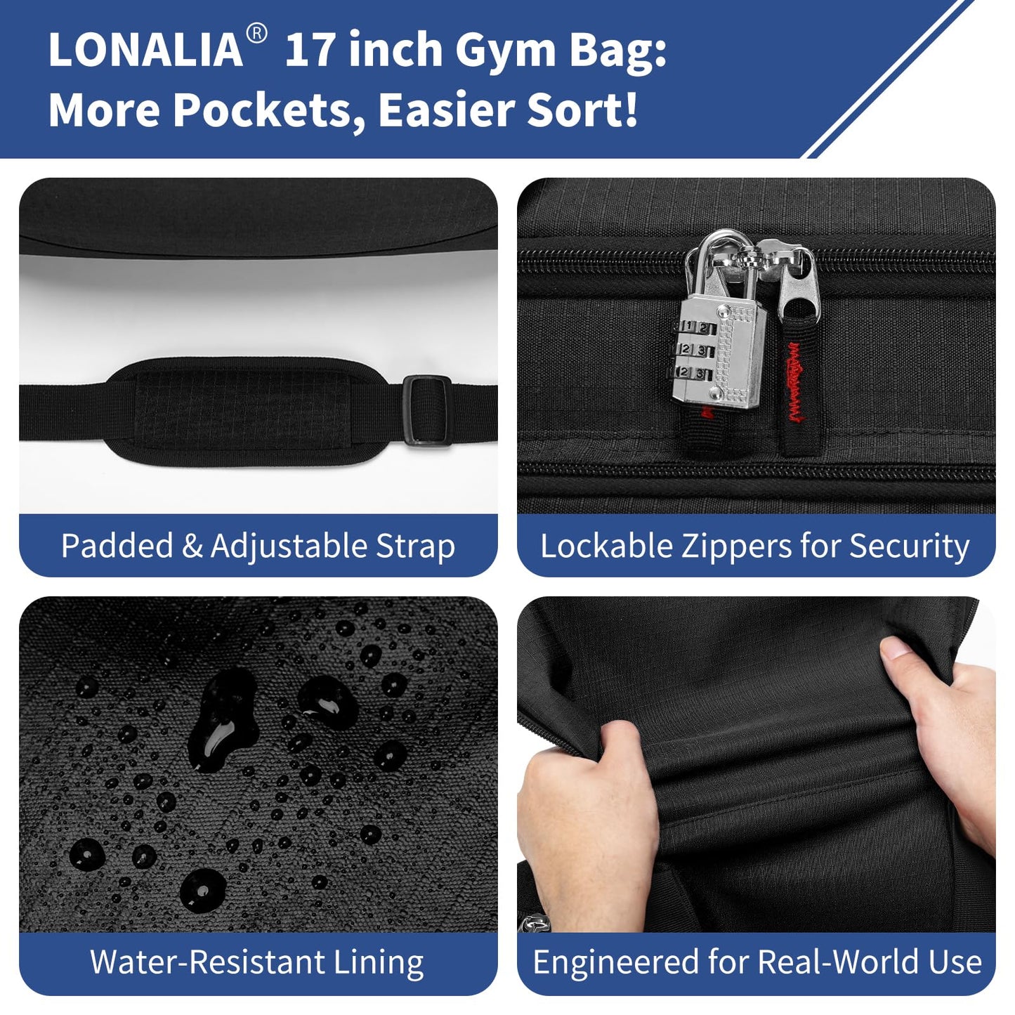 LONALIA 30L Gym Sport Duffle Bag - 17 inch Carry on Weekender Overnight Bag for Travel, Workout, Fitness (Black-30L)