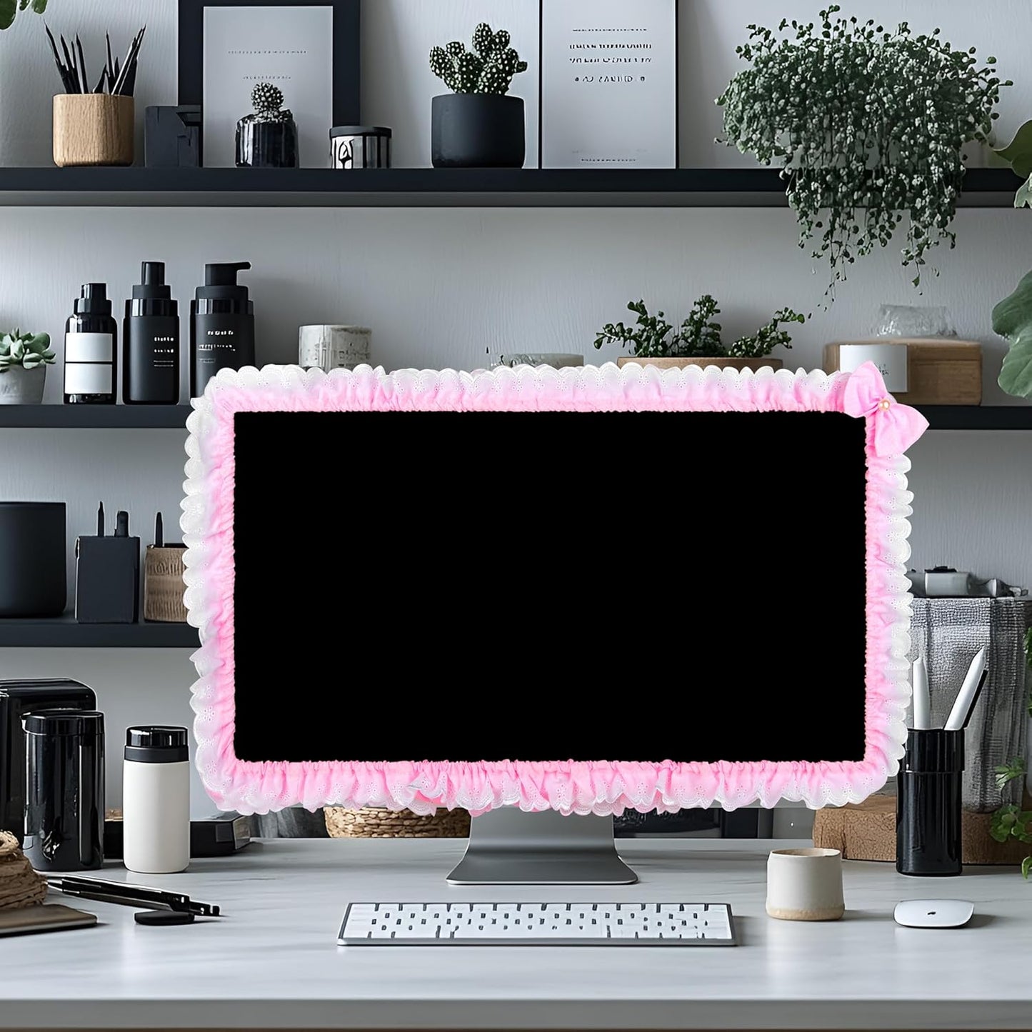 32"-38" Lovely Cute Computer Monitor Cover with Lovely Cute Elastic Pen Pocket Bow-knot TV LCD Screen Monitor
