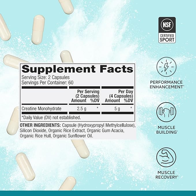 Dr. Mercola Pure Power Creatine Monohydrate, 60 Servings (120 Capsules) 2.5g Per Serving, Dietary Supplement, Strength and Energy, Non-GMO, NSF Certified for Sport, 2 Pack