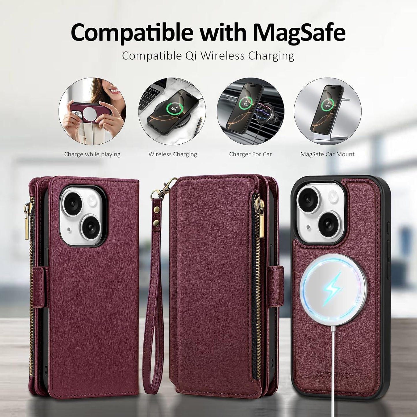 Antsturdy 2 1 15 Compatible with Magsafe Magnetic in Detachable iPhone Wallet Case with Credit Card Holder Slots,PU