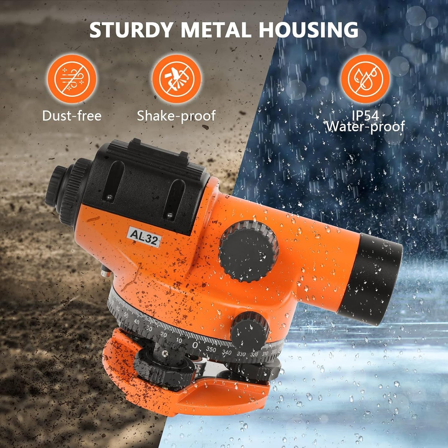 Automatic Optical Level 32X with Self-Leveling Magnetic Dampened Compensator and Transport Lock, Height/Distance/Angle Measuring Tool 393Ft of 3/10" at 100Ft Leveling Accuracy IP54 Waterproof