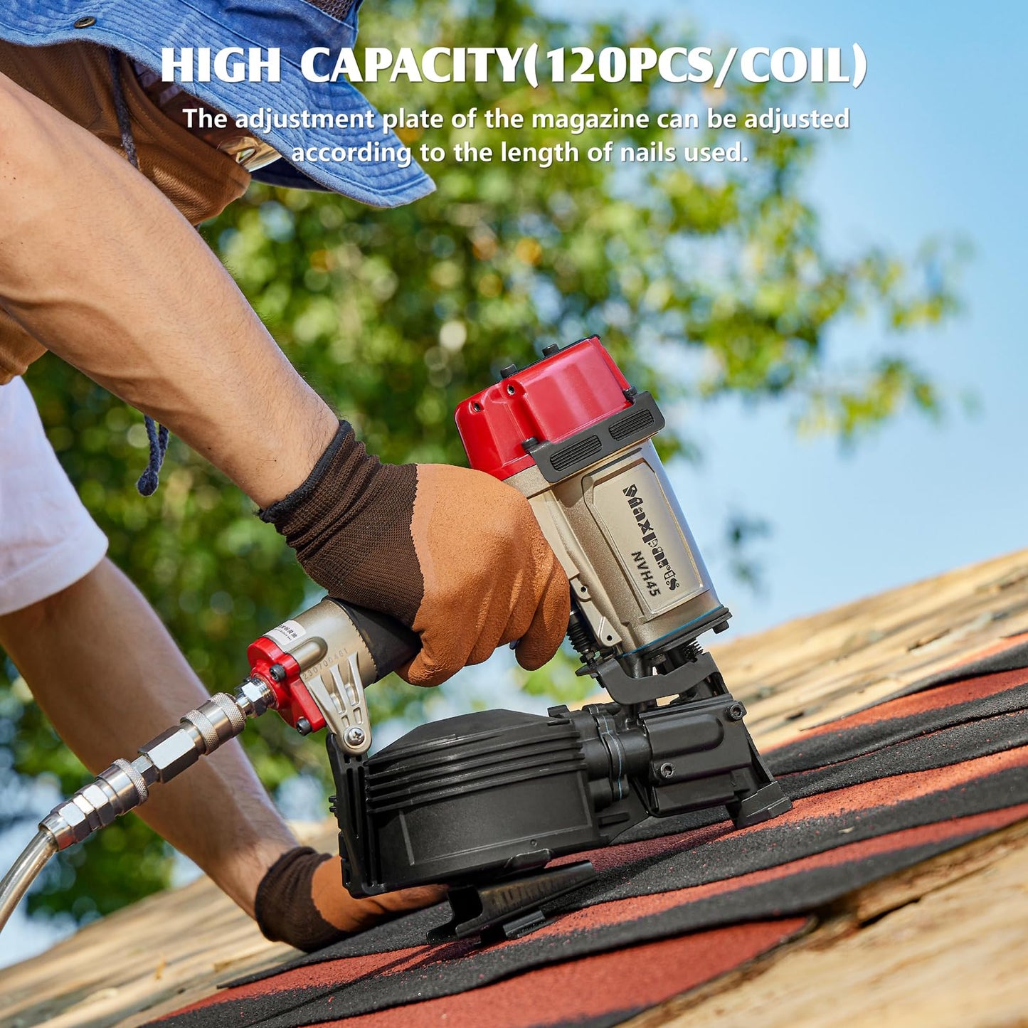 Maxparts NVH45 15 Degree Roofing Nail Gun for Wooden House Roof Building 7/8-Inch to 1-3/4-Inch Round Head Coil Nails