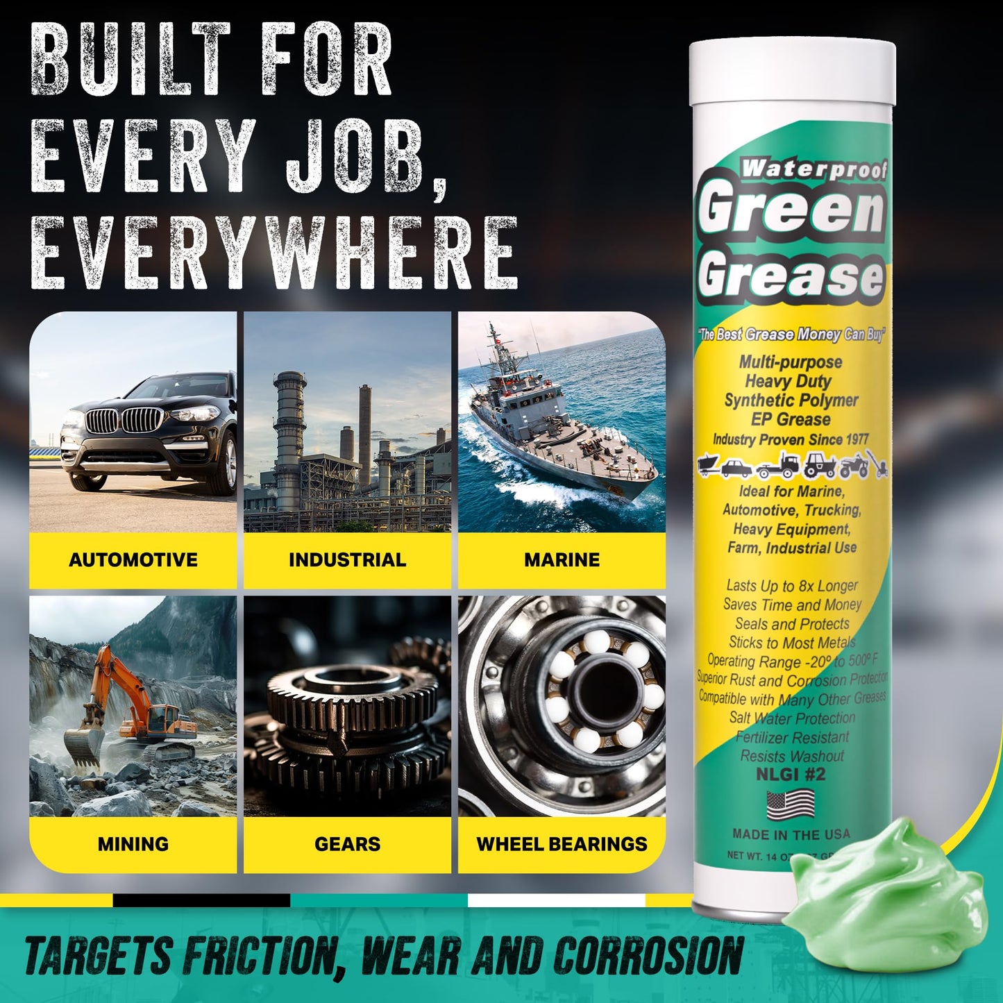 Ultra Heavy Duty Green Grease Tube (14oz, 10 Pack) for Grease Gun – NLGI 2 Lithium, High Temp Waterproof Marine Grade, Rust Resistant Wheel Bearing Lubricant for Auto, Farm & Home Use – American Made.