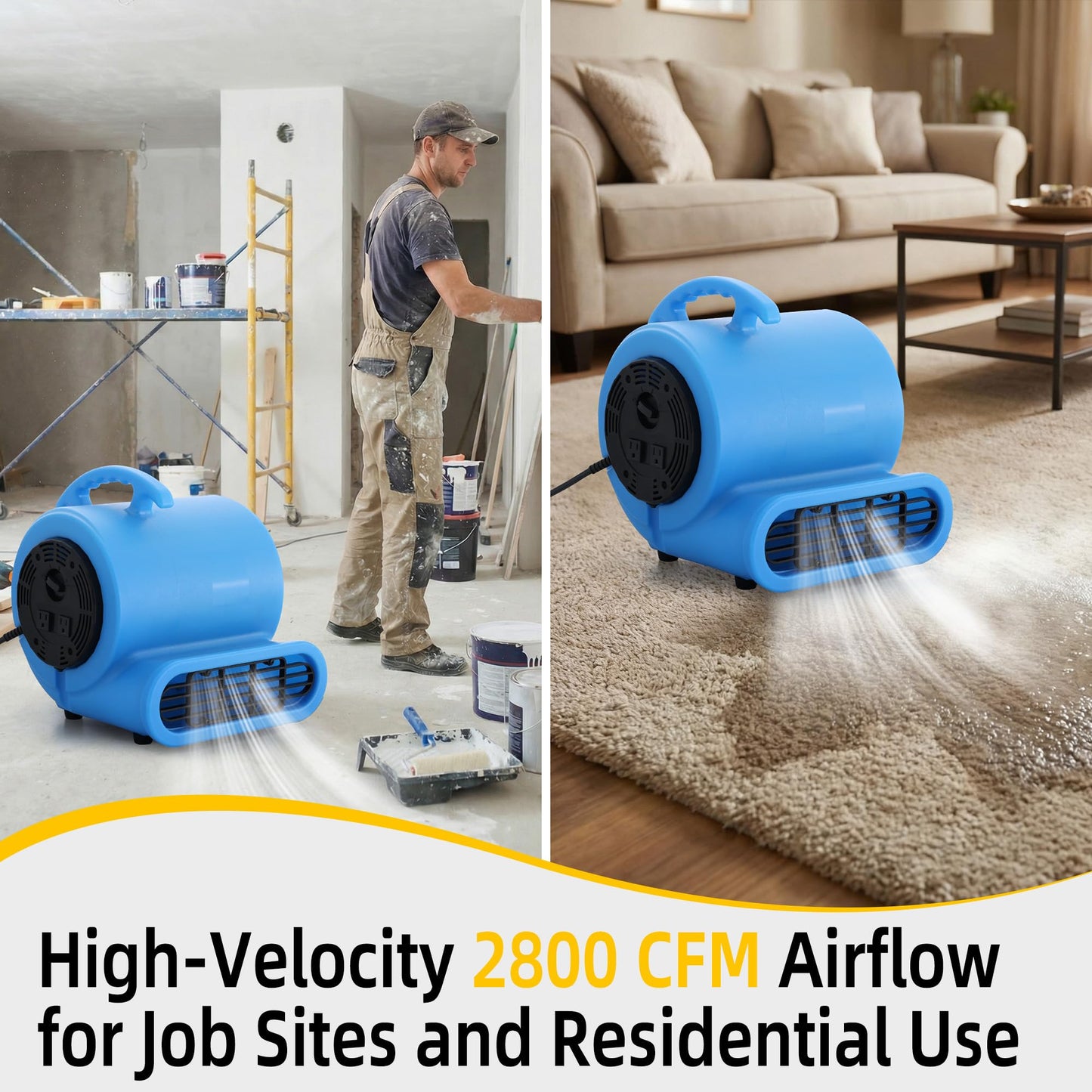 RYNSTO Commercial 1/2 HP Air Mover Fan for Water Damage Restoration,2800 CFM Industrial Carpet Dryer, Floor Fans,3-Speed Floor Fan with Daisy Chain