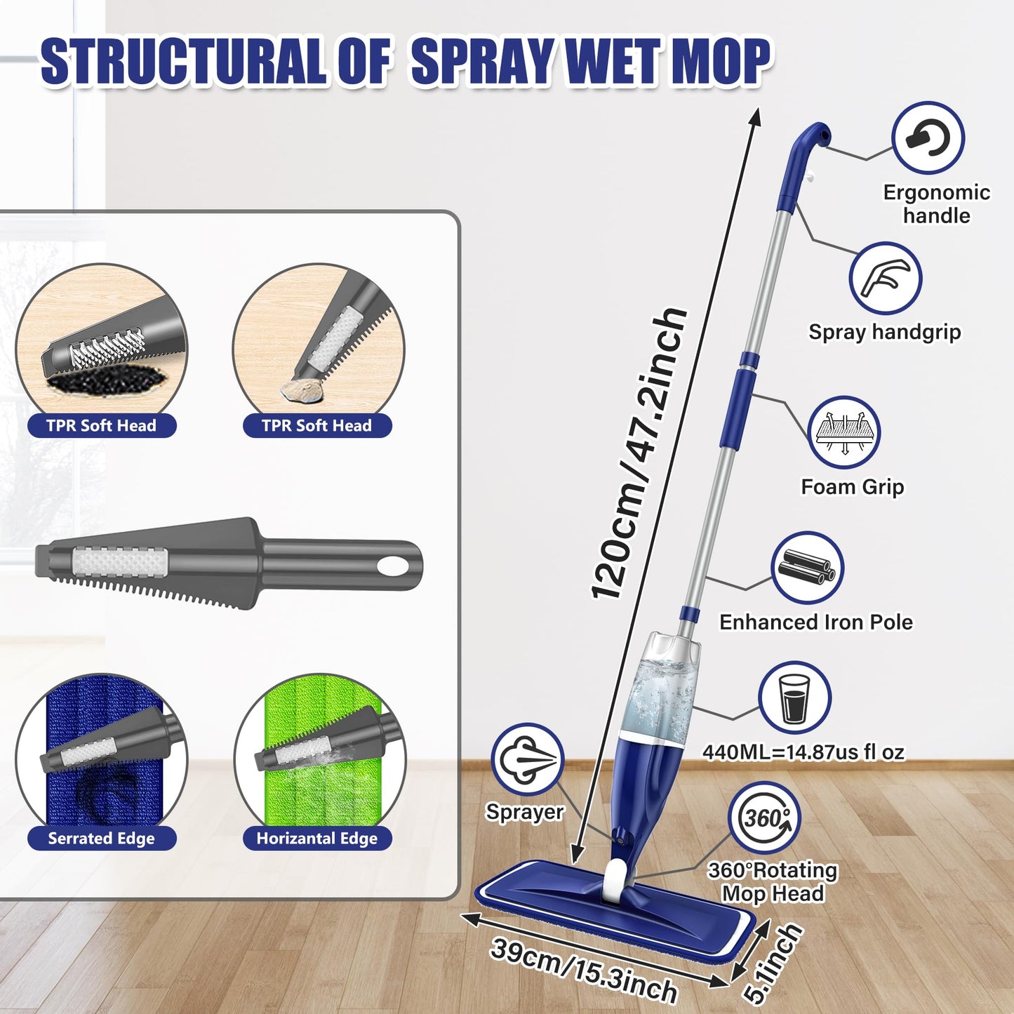 Microfiber Spray Mop for Floors Cleaning: Wet Dry Hardwood Floor Mops with 3 Washable Reusable Pads for Swiffer Powermop - Flat Mop with Sprayer for Tile Wood Laminate Vinyl Marble
