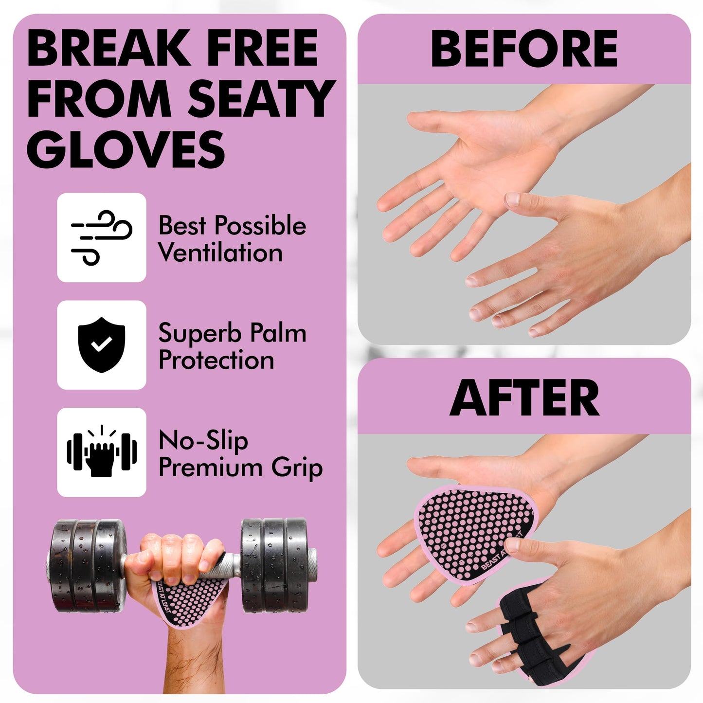 Beast AT Least Grip Pads for Weightlifting & Fitness – Non-Slip, Breathable Palm Protectors for Men & Women – Ideal for Gym Workouts, Cross Training, Pull-Ups & Deadlifts (Pink, L/XL)