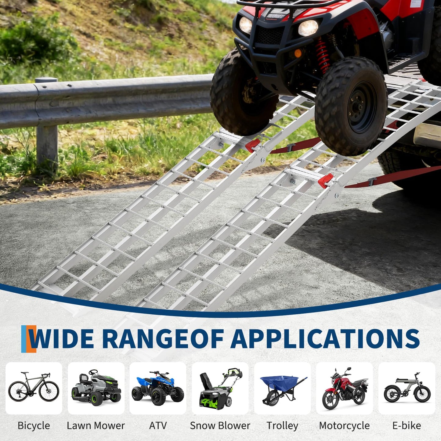 GarveeTech 7.5 Foot Folding Aluminum Motorcycle Ramp 750 LB Capacity Dirt Bike Ramp for Pickup Trucks with Crossbar Rungs and Rubber Tipped Ends 89 x 12 Inch 2 PC