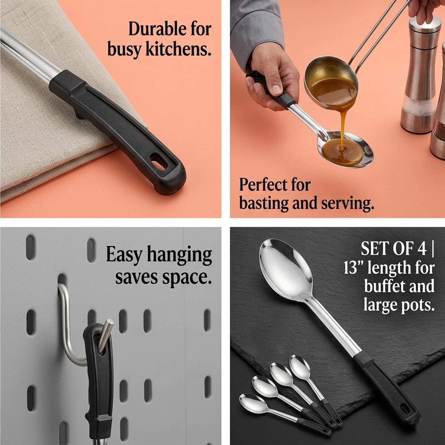 13" Stainless Steel Serving Spoons – (Pack of 12) | Commercial Kitchen Utensils | Restaurant Quality Chef Basting Spoon with Heat-Resistant Coated Handle (12)