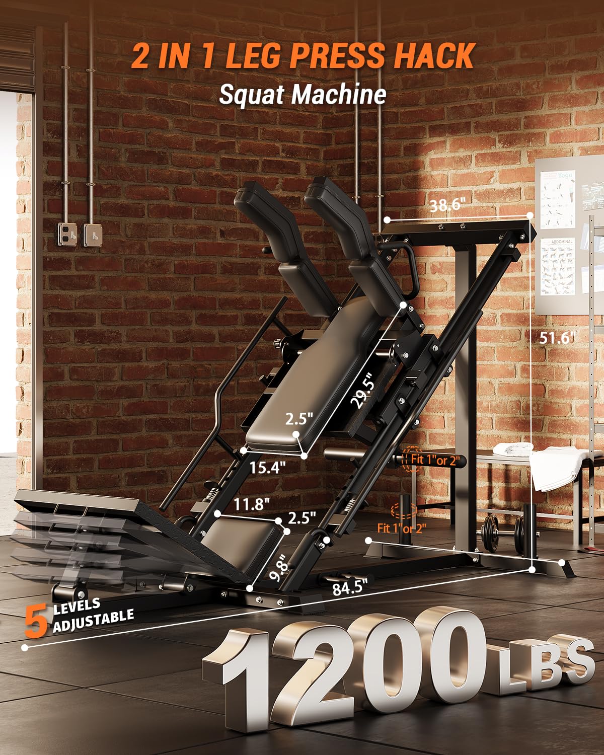 Garvee 3 in 1 Leg Press Machines for Home Gym, Professional Hack Squat Machine, Workout Equipment with Weight Storage Posts for Fitness and Strength Training, Fit 1" & 2" Weight Plates, Black