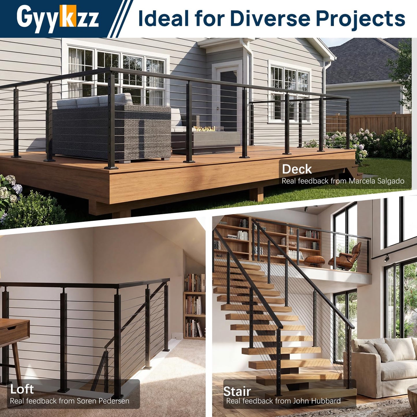 Gyykzz 42" Modular Cable Railing Post Kits 4 Pack, Adjustable Top Level Drilled Deck Post, Cable Railing System Including 4 Railing Post, 197ft Cable, 24 Terminal, 96 Cable Grommets (No Handrail)