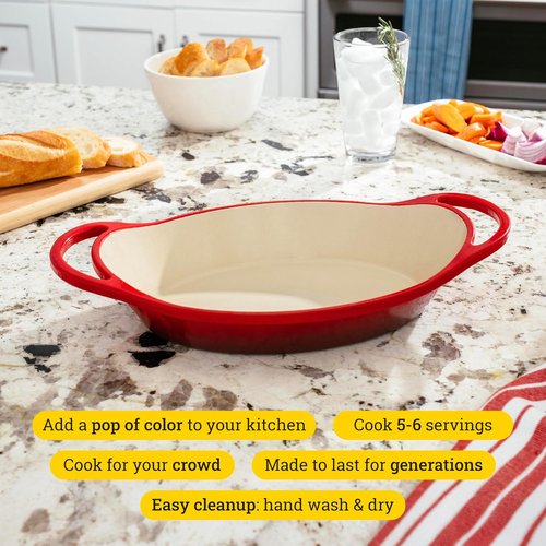 Lodge Enameled Cast Iron Oval Casserole - Dual Handles, Oven Safe to 500°F - 2 Quart, Red