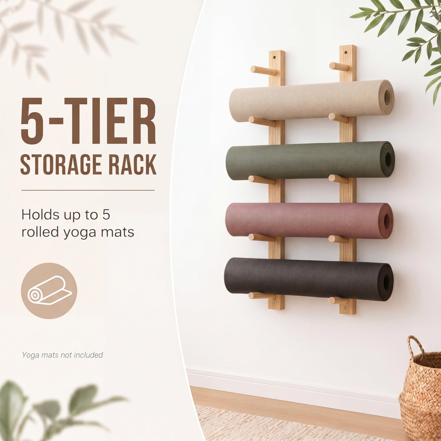 Cinnvoice 1 Pair Yoga Mat Holder Wall Mount Wooden Yoga Mat Storage Racks for Foam Roller & Fitness Accessories 5 Layer 35.4 x 7 x 2 Inches, Accommodating 5 Mats Home Gym Organize