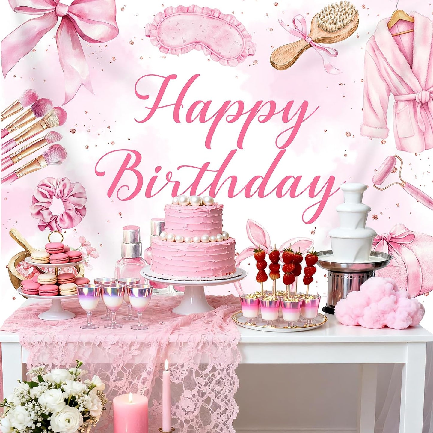 Bcuuipo 7x5ft Spa Party Happy Birthday Backdrop Pink Beauty Makeup Slumber Pajama Sleepover Background for Girls