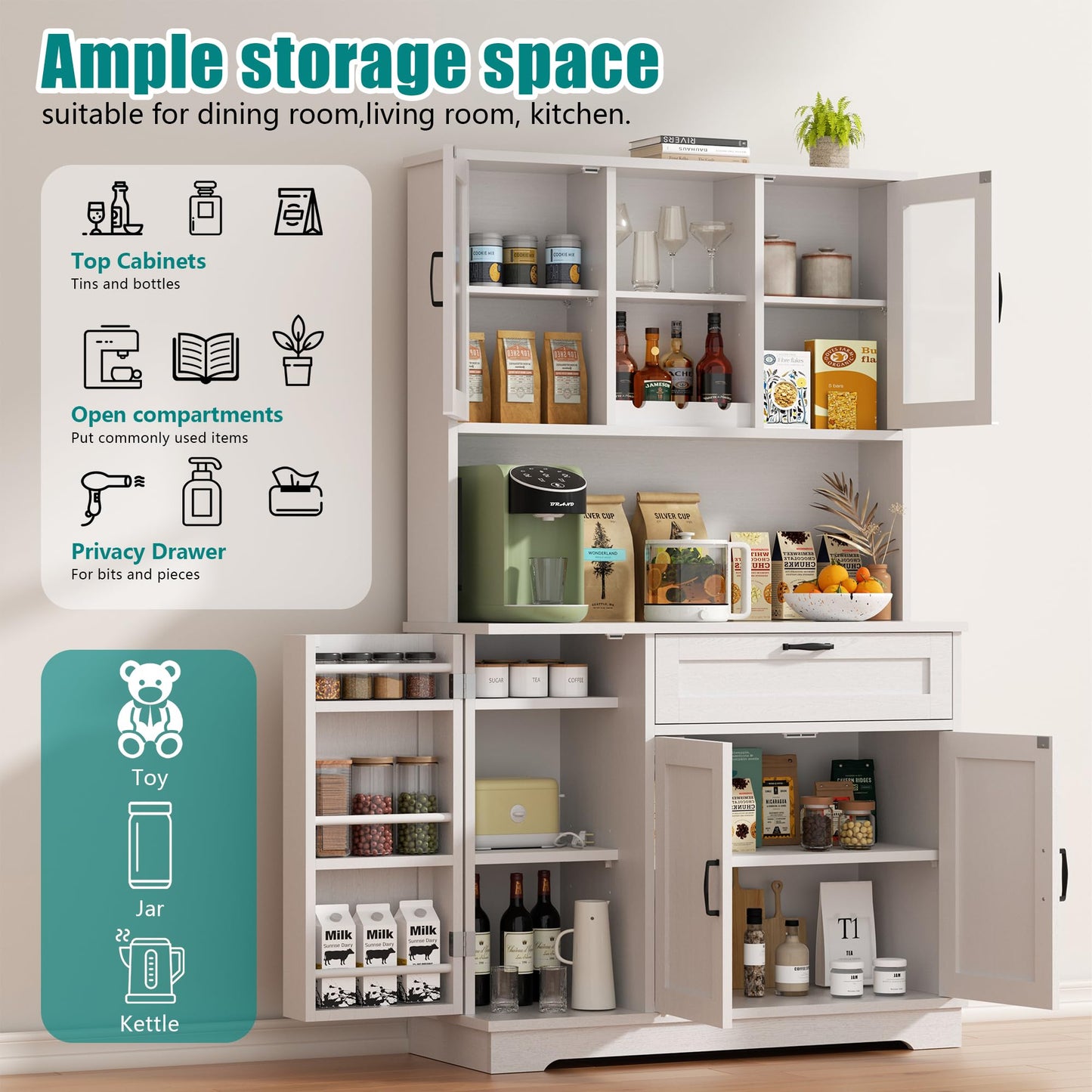 Vongrasig Kitchen Pantry Cabinet, Large Kitchen Hutch Formhouse Storage Cabinet with Microwave Stand, Tall Food Pantry for Dining Room, Living Room, White
