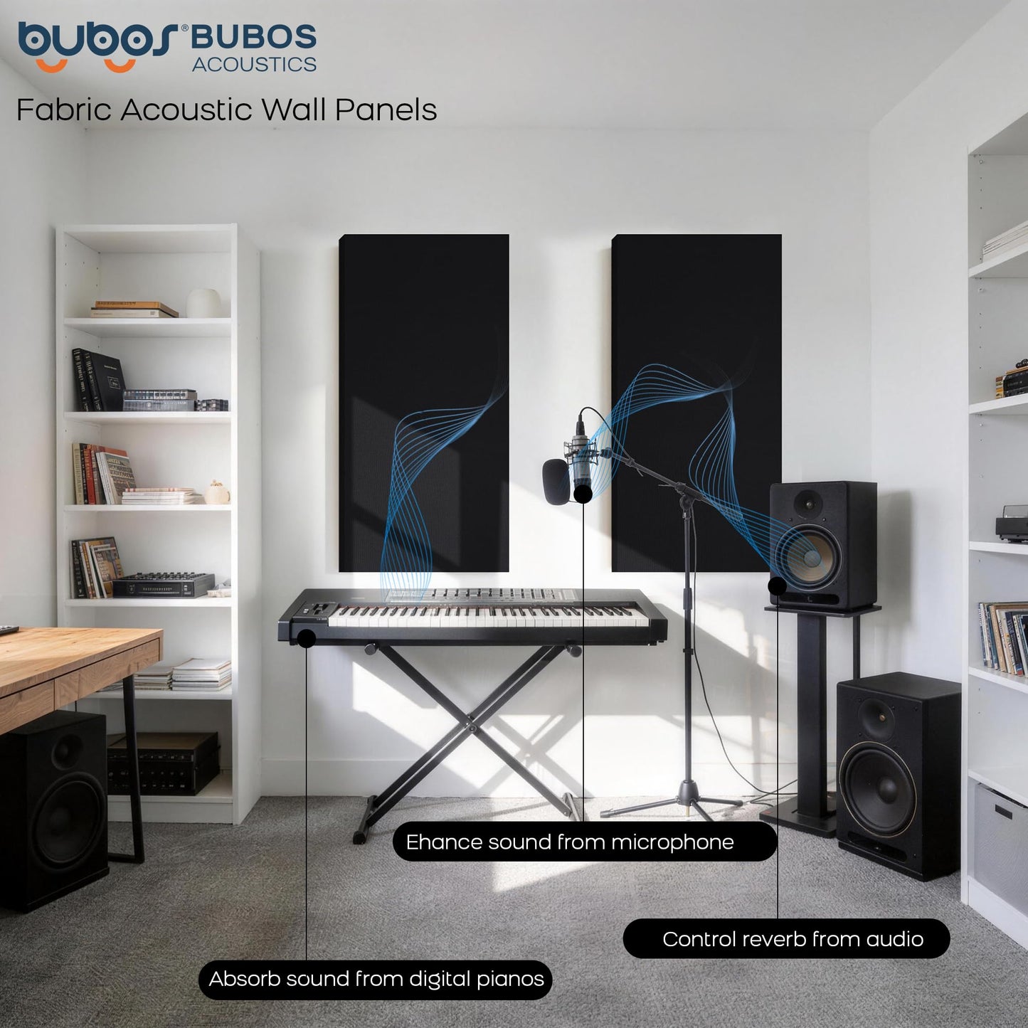 BUBOS 2-Pack Fabric Acoustic Panels with Hanging Hardware, 47.2" x 23.6" x 2" Large Soundproofing Wall Panels, High-Density Sound Absorbing Decor for Home Theater, Studio & Office,Balck