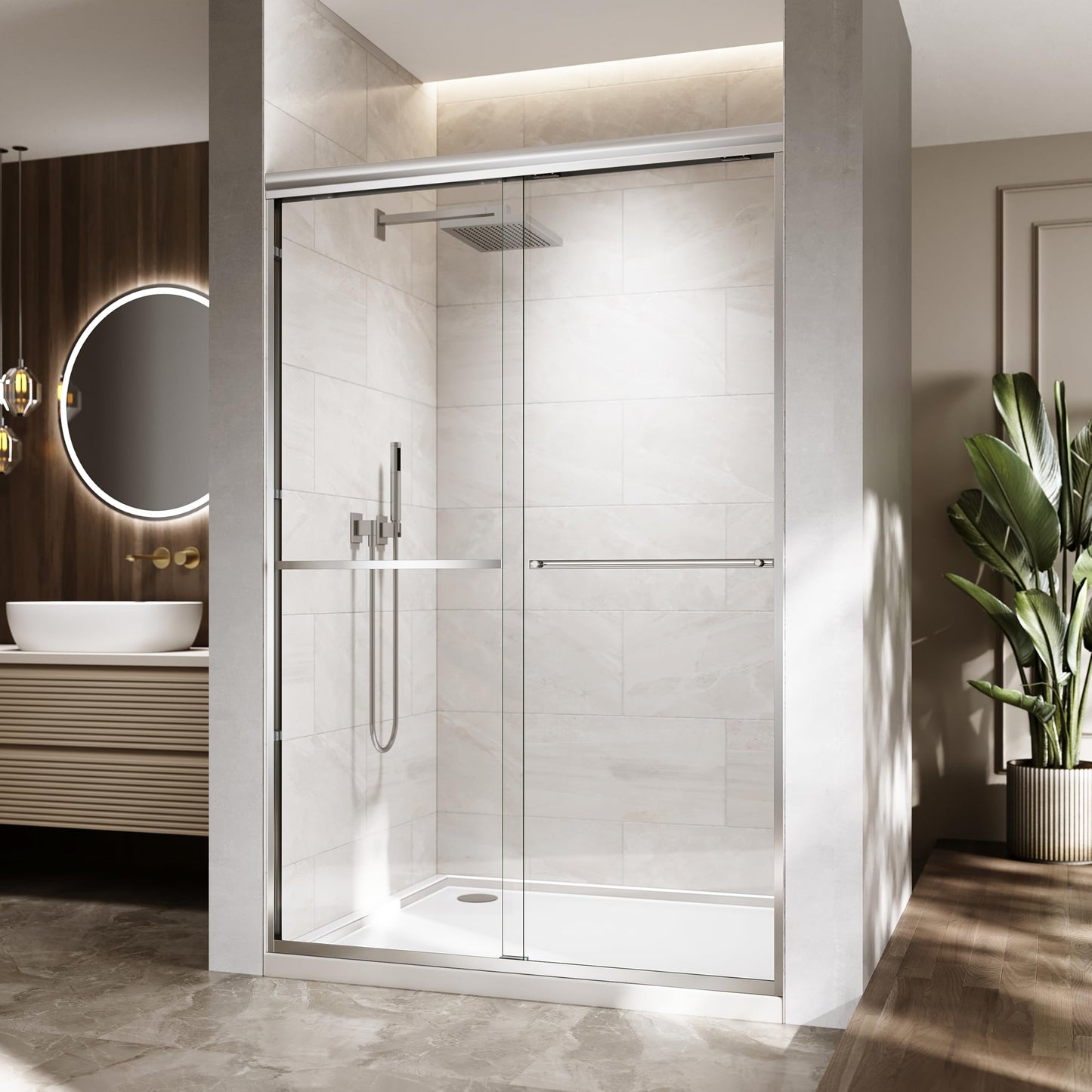 ENSO SENKA 44-48" W x 72" H Semi-Frameless Bypass Sliding Shower Door, Easy-to-Clean Treated Clear Tempered Glass, Polished Chrome