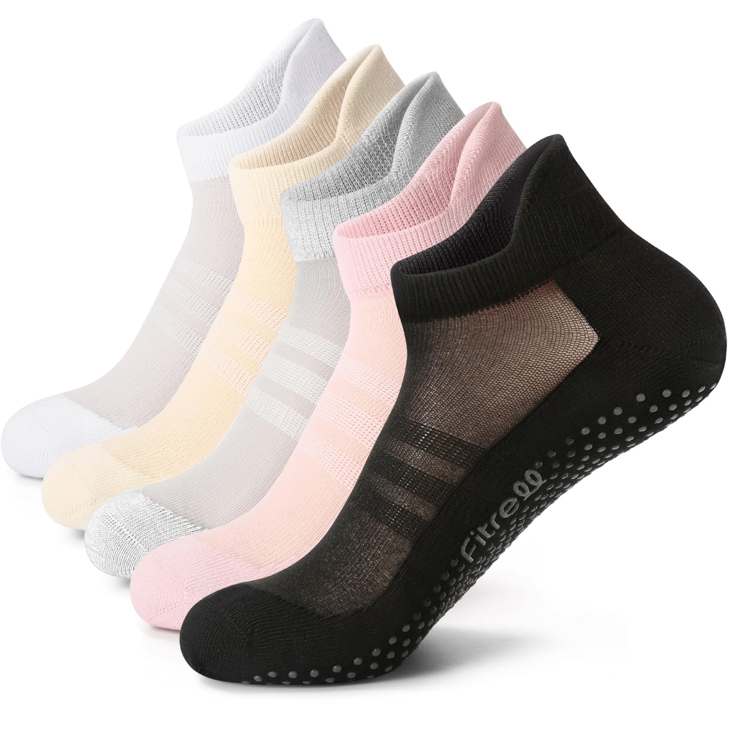 FITRELL Pilates Socks for Women, Ankle Yoga Non Slip Grip Socks for Barre Hospital Gym 5 Pairs, Black+Beige+Grey+Pink+White, Medium
