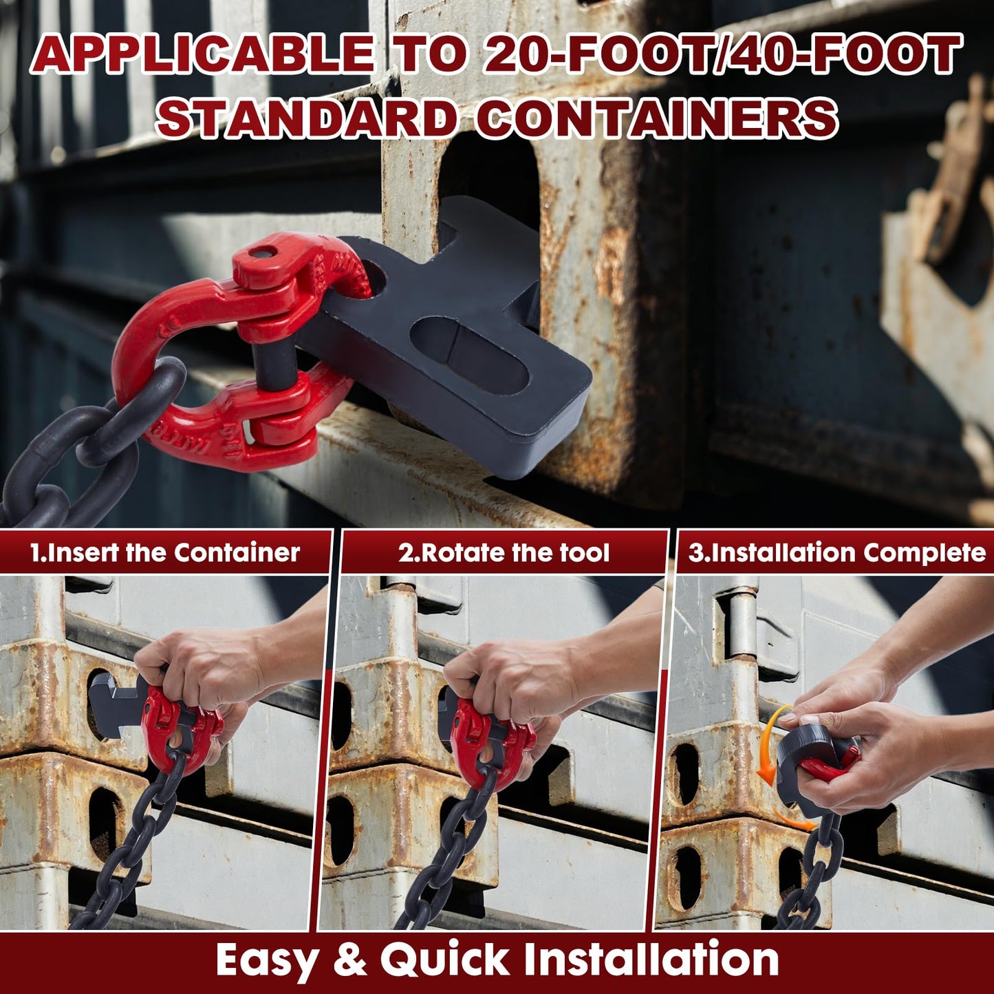 G80 Shipping Container Loading Chain (1/2" x 5'), Container Hooks with Hot Dip Galvanized V-Chain, Suitable for Cargo, Safety Locking Hooks for 20ft/ 40ft Shipping Containers, Trailers, Heavy Cargo