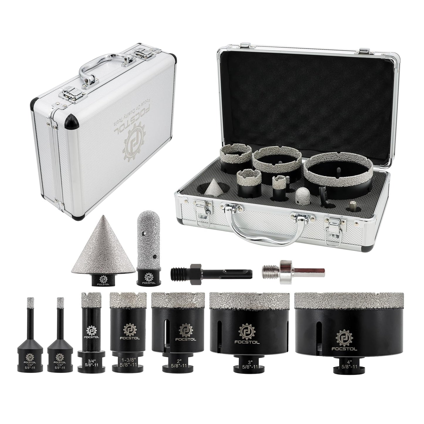 Diamond Core Drill Bit Set - FOCSTOL 11pcs (6/6/19/35/51/76/102mm+20mm Finger Milling Bit+50mm Beveling Chamfer Bit+Hex+SDS) Diamond Hole Saw Kit for Porcelain Ceramic Tile Marble Granite