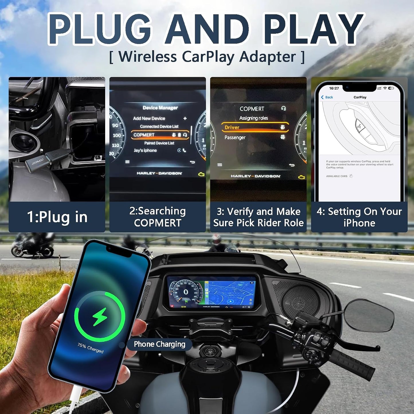 COPMERT 2025 Bypass Motorcycle Wireless CarPlay Bluetooth Adapter Street Glide Accessories with Passthrough USB-C