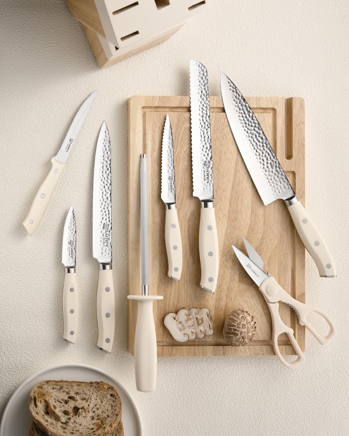 Kitchen Knife Set,14-Piece Knife Set With Block Wooden, Self Sharpening For Chef Knife Set, High Carbon German Stainless Steel Hammered Collection Knife Block Set, Dishwasher Safe Cutlery, Cream