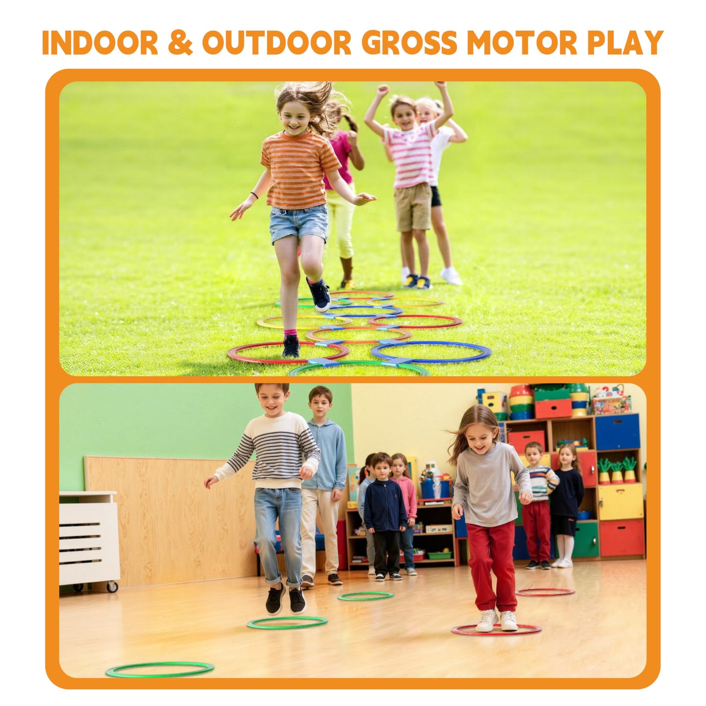 Oranmew Hopscotch Rings, 1-Set – 10 Round Hoops (11-inch) + 15 Connectors, Agility Rings for Kids, Builds Gross Motor Skills, Preschool & Kindergarten PE, Indoor/Outdoor Playground Obstacle Course