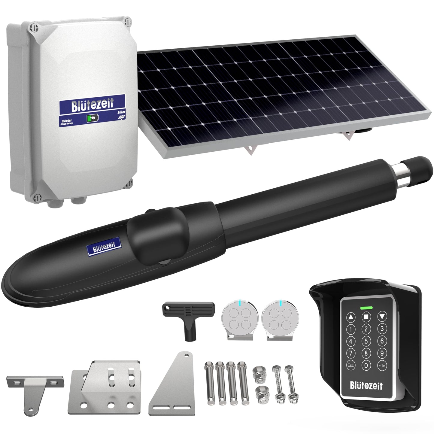 Blütezeit MS600 Solar Swing Gate Opener + Wireless Keypad Bundle – 880 lb Single-Arm Operator with Built-in 24 V Battery, 25W Solar Panel & IP54 Keypad