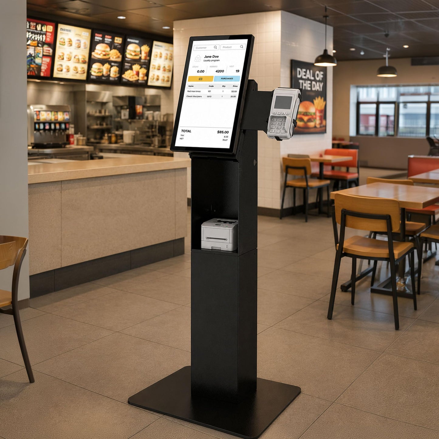Mount-It! Kiosk Floor Stand For Monitors and VESA Compatible Digital Signage Displays with Printer Storage Slot and Card Reader Bracket, Fits 15" to 22" up to 22lbs - for Check-in & POS Stations Black