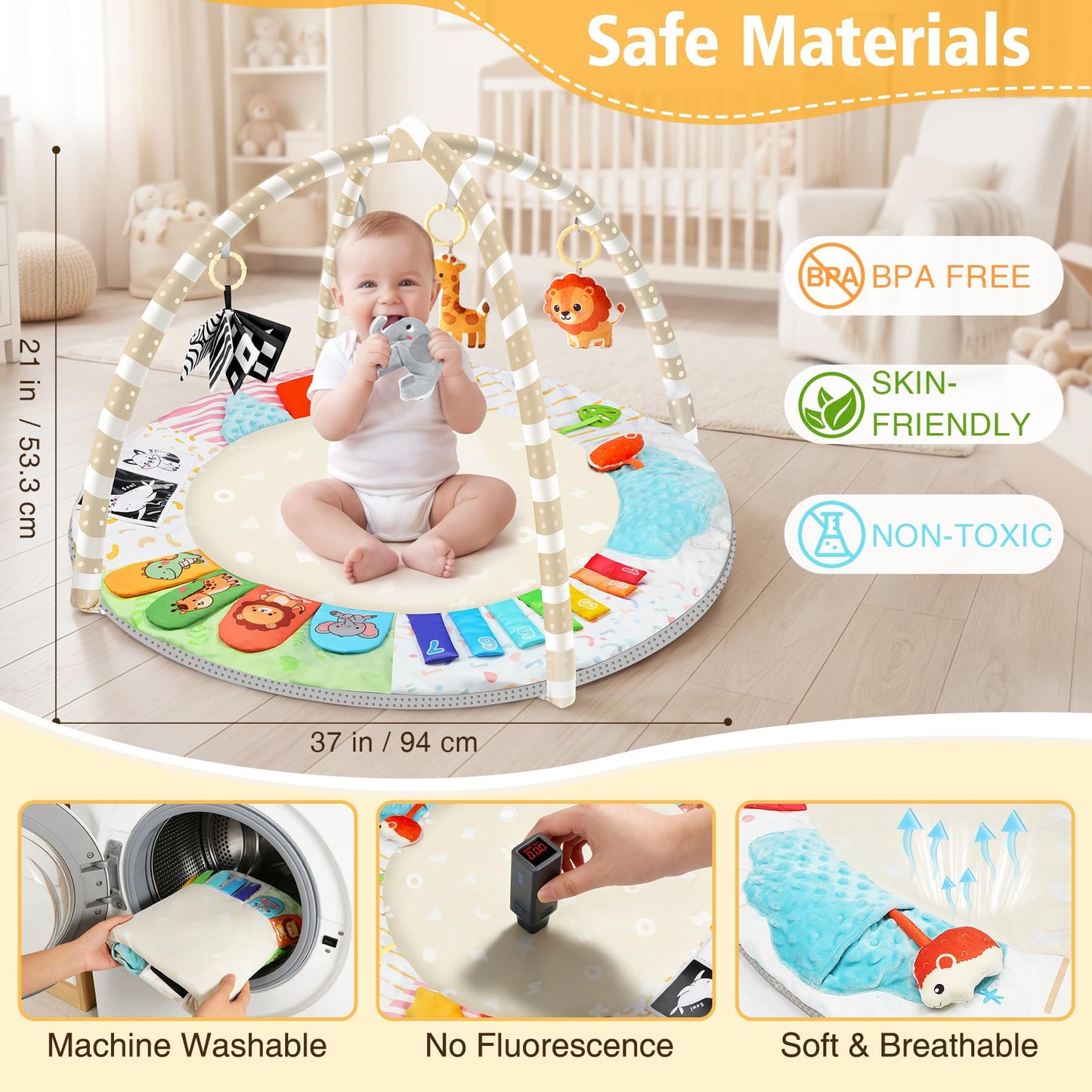 URMYWO Tummy Time Mat - Comfortable Baby Floor Play Mat Activity Gym for 0-3-6-18 Months, 6 Developmental Zones with 5 Detachable Toys for Motor Skills Sensory Development, Baby Essentials Shower Gift
