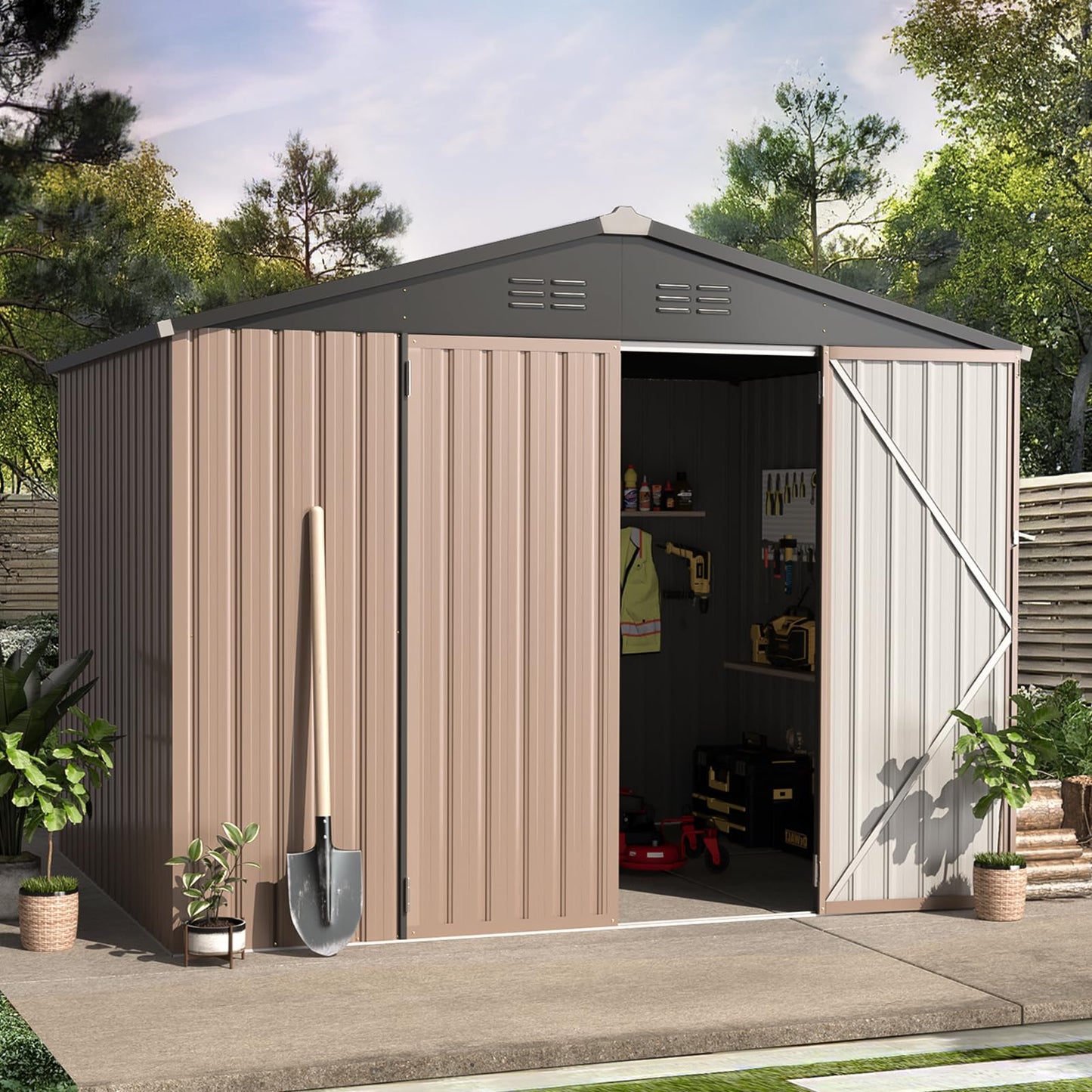 AECOJOY 6x8 FT Galvanized Steel Outdoor Storage Shed, Small Metal Garden Tool Shed with Sloped Roof & Lockable Double Hingled Doors,Gray
