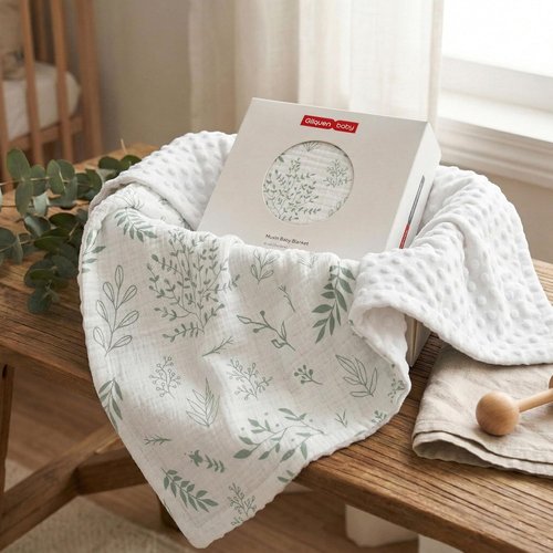 GLLQUEN Baby Blanket - Soft Muslin Cotton Front with Dotted Fleece Backing | Unisex Greenery 30 x 40 Inches