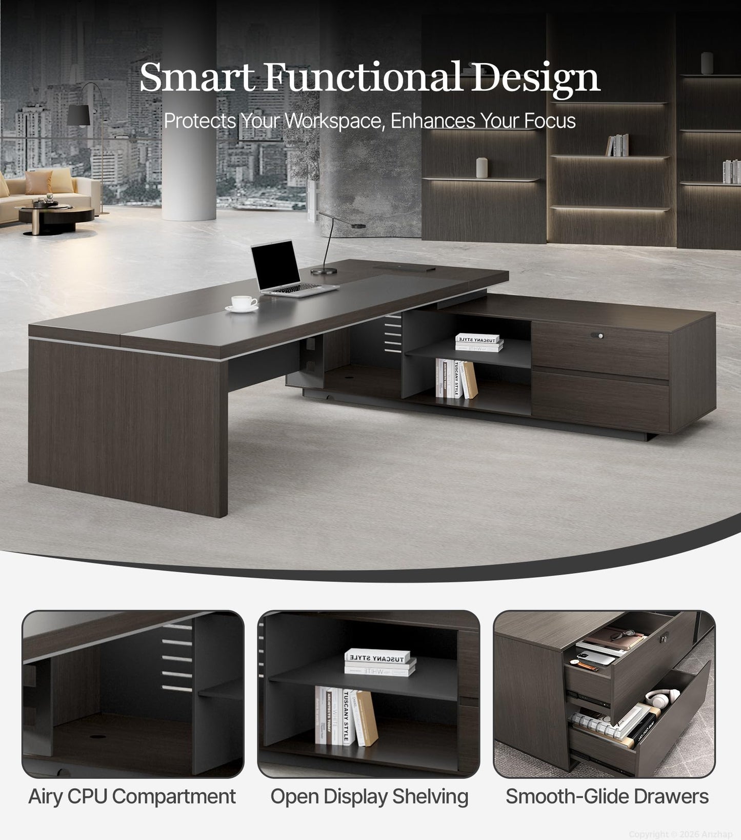 87" Reversible L-Shaped Executive Desk with Drawers, Modern Large Office Desk with Open Shelves, Ventilated CPU Compartment, Built-in Outlet & USB Ports – Home Office Desk (87"L x 69"W x 30"H)